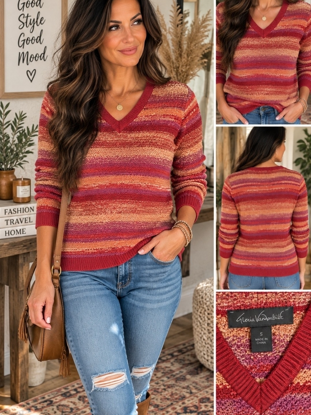 Cozy Multi-Stripe V-Neck Sweater in Red and Gold Tones
